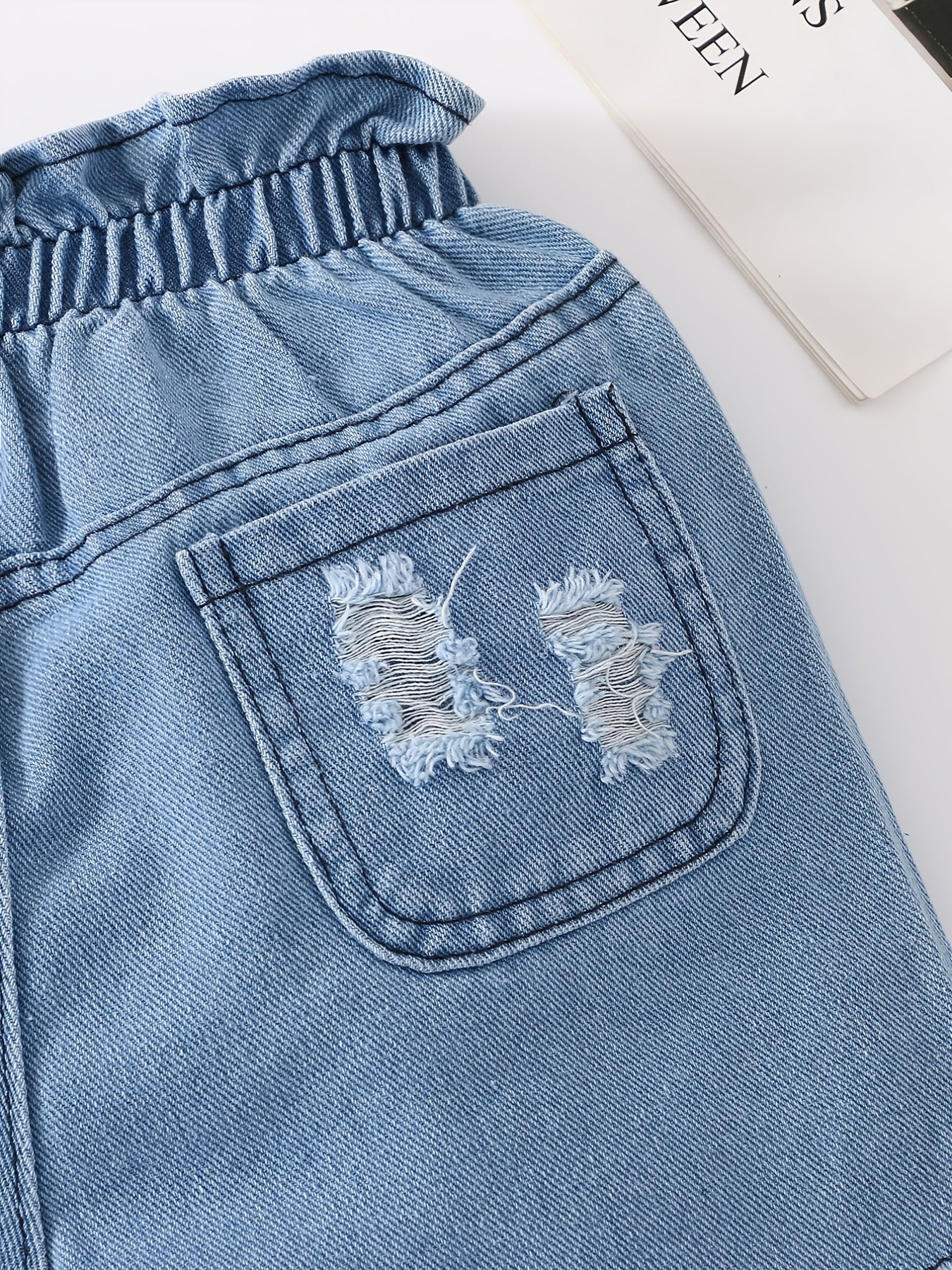 Girls Ripped Denim Shorts with Elastic Waist for Spring/Summer