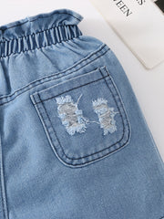 Girls Ripped Denim Shorts with Elastic Waist for Spring/Summer