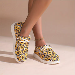 Women's Lace Up Boat Shoes Sunflower Pattern Flat Shoes