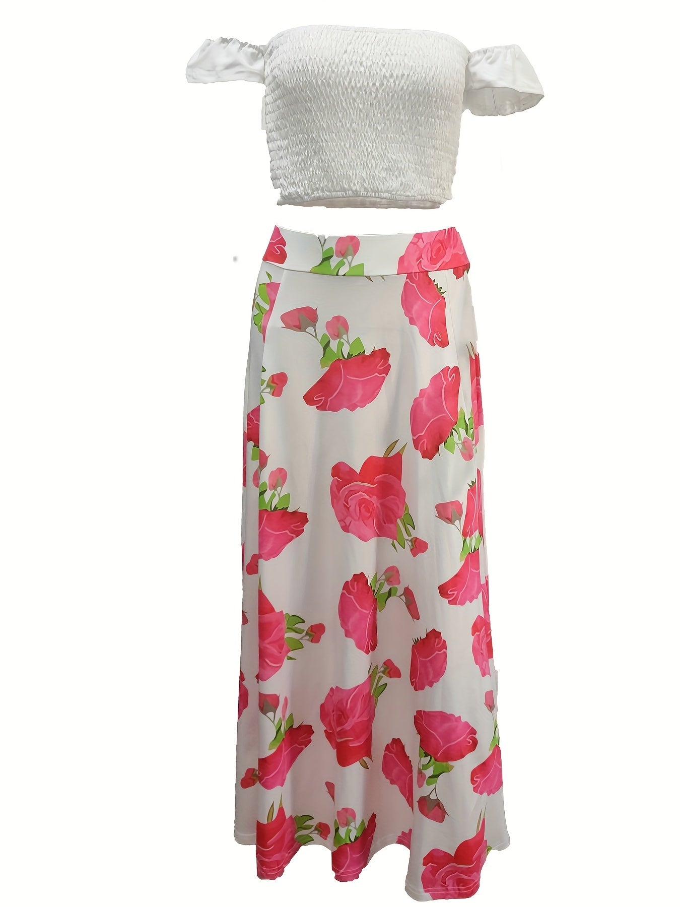 Spring & Summer 2pc Set Off Shoulder Tops & Floral Print Skirts Outfit