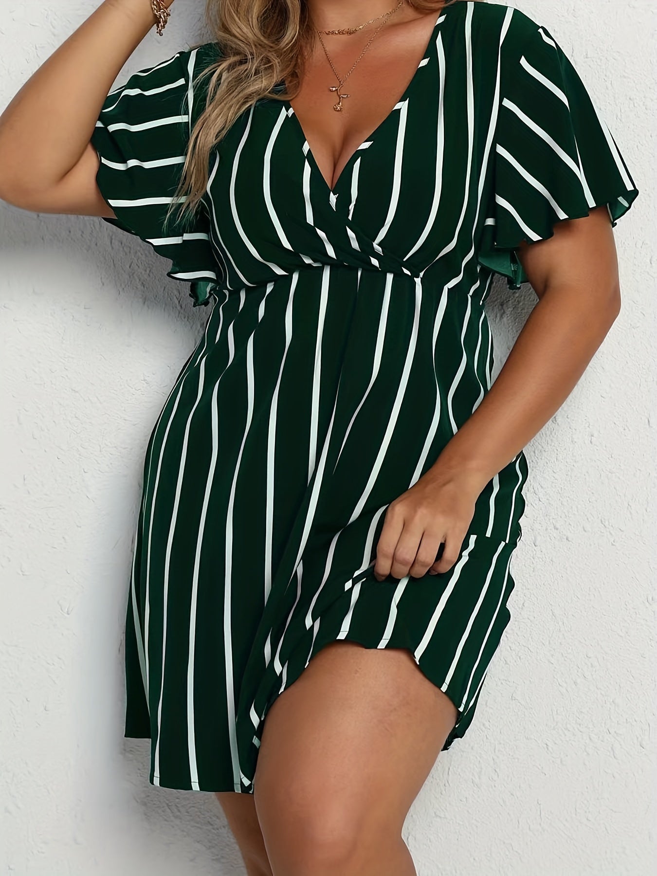 Stripe Print Short Sleeve Surplice Neck Dress