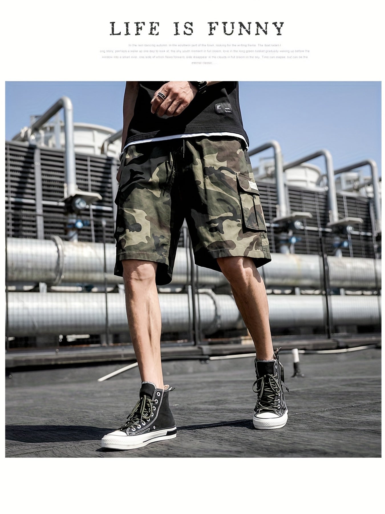Camouflage Pattern Cargo Shorts Men's Casual Pocket Waist Drawstring Shorts
