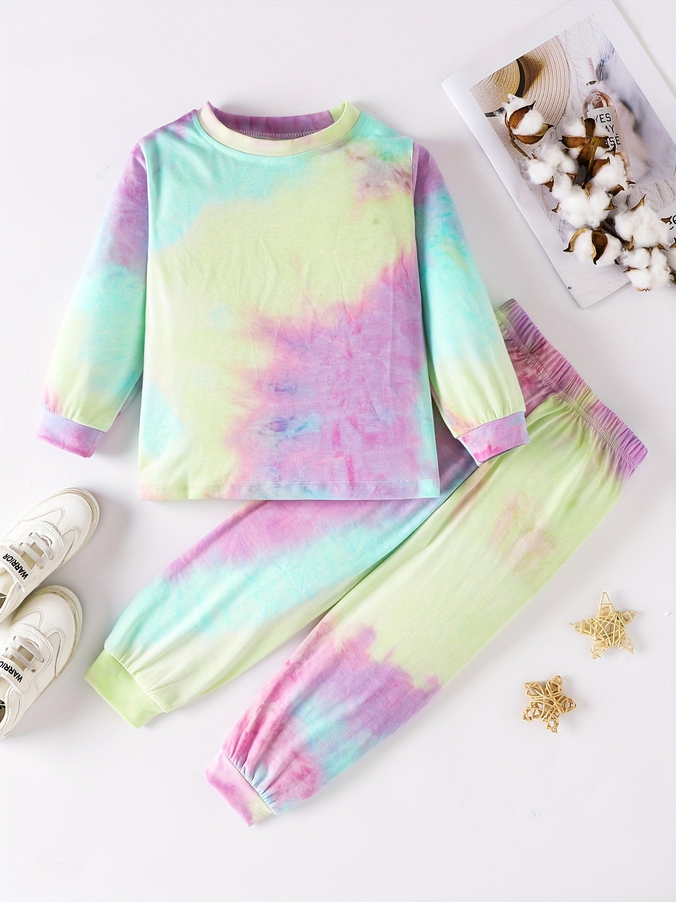 Girls' Rainbow Tie Dye Print Set, Long-sleeved Trousers