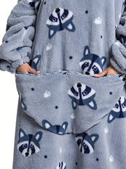 Women's Plus Size Raccoon Pattern Flannel Hoodie Nightgown