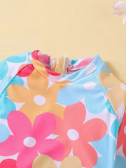 Toddler Girls Flower Graphic Half Zip Long Sleeve Swimsuit