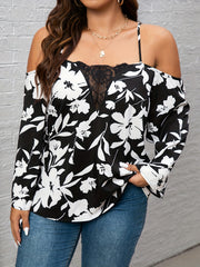 Women's Plus Floral Print Lace Cold Shoulder Top