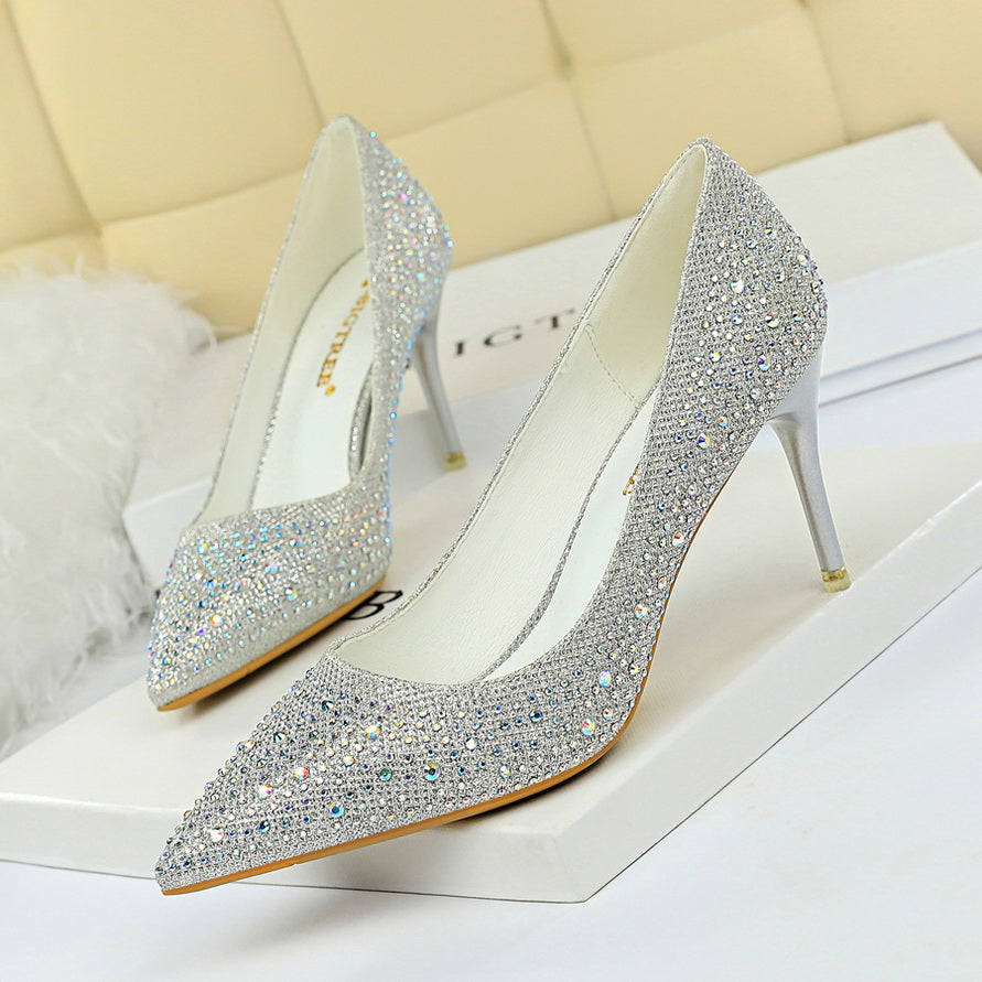 Glitter Rhinestone Stiletto Heeled Pumps - Evening Dress Heels