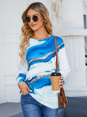 Marble Print Pullover Sweatshirt Crew Neck for Women