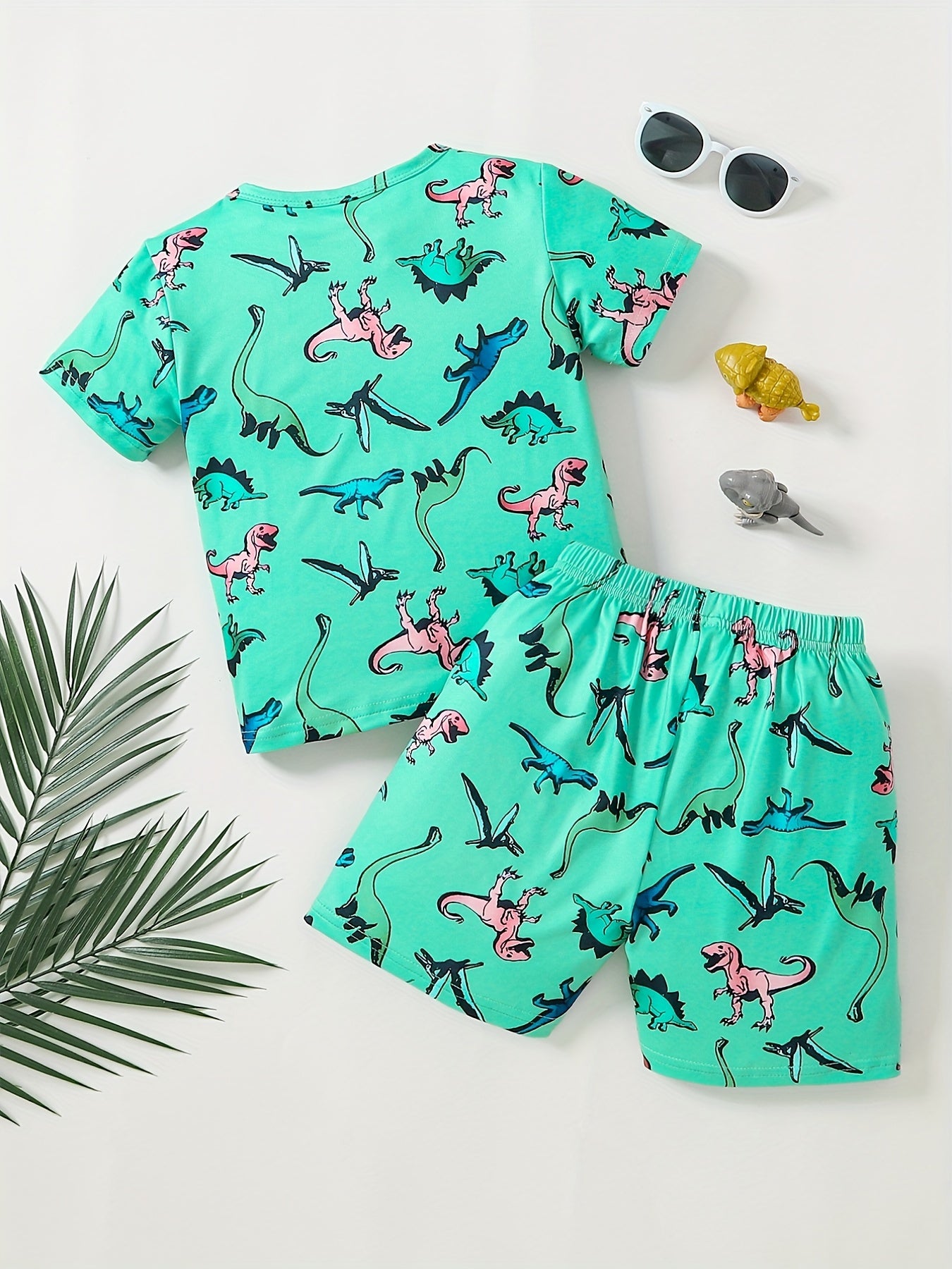 Boys Cartoon Dinos Print Tee & Shorts Set, Summer Kids Outfit