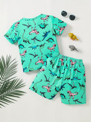 Boys Cartoon Dinos Print Tee & Shorts Set, Summer Kids Outfit