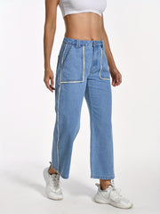 Stripes Trim Loose Jeans Straight Denim Pants Women's Clothing