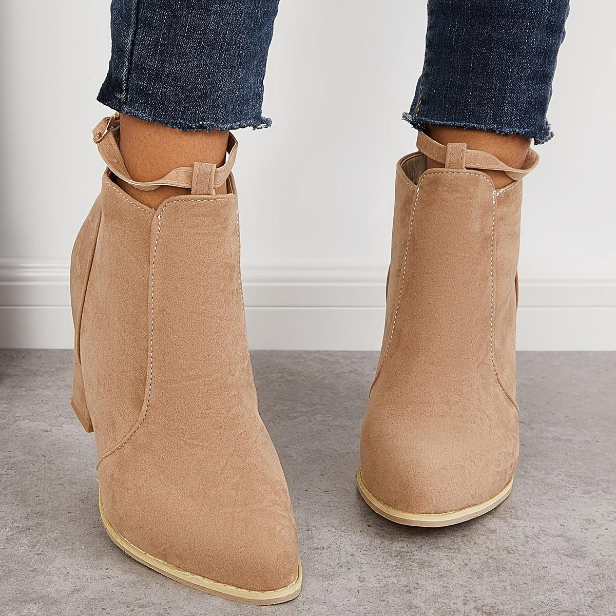 Women's Chunky High Heel Ankle Boots Pointed Toe Buckle Strap Back Zipper Shoes