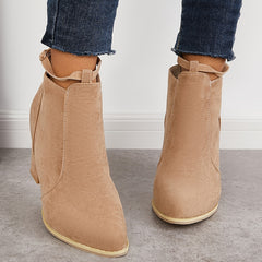 Women's Chunky High Heel Ankle Boots Pointed Toe Buckle Strap Back Zipper Shoes