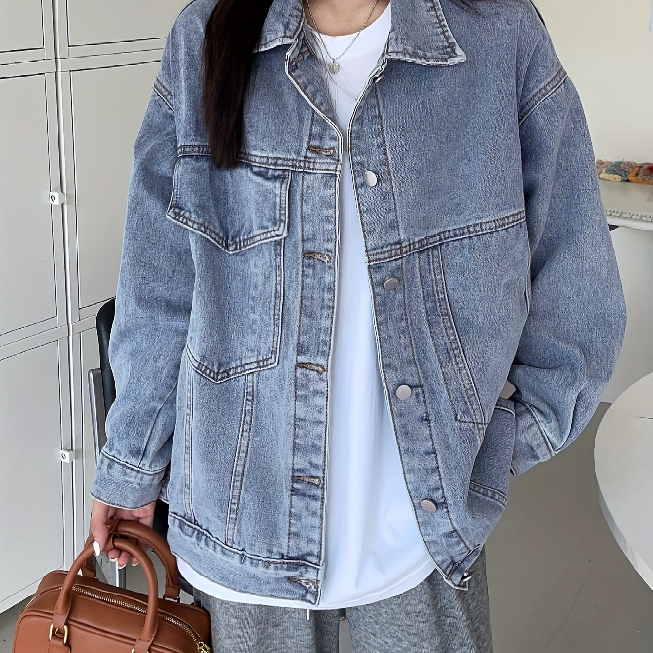 Women's Loose Fit Denim Jacket Long Sleeve Lapel Coat
