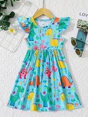 Girls' Cactus & Dino Allover Dress - Comfy Casual Party Vacation Dress