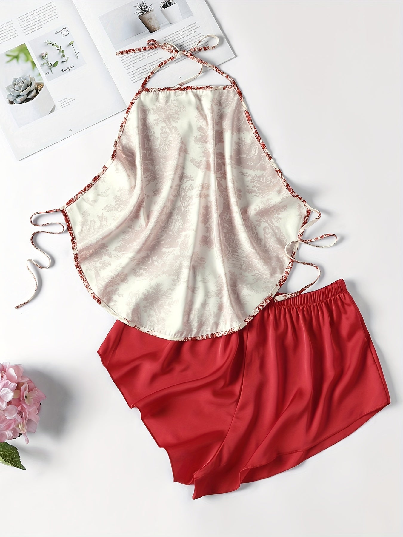 Floral Print Pajama Set Halter Lace Up Top & Shorts