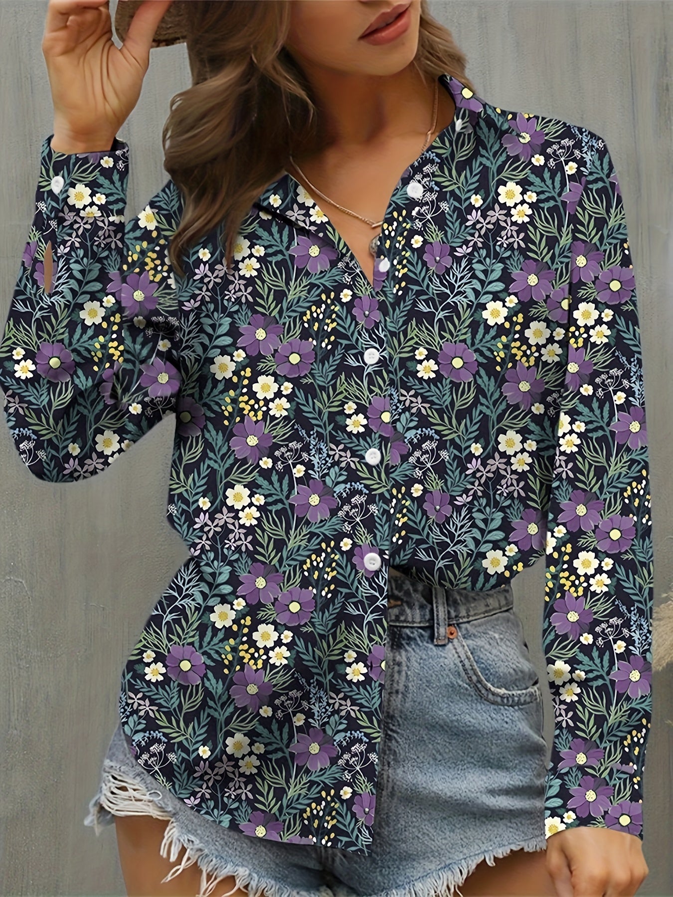Casual Blouse Women's Plus Floral Print Long Sleeve