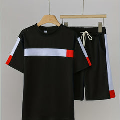 Boys 2pcs T shirt & Shorts Set Clash Print Crew Neck Tee Casual Kids Summer