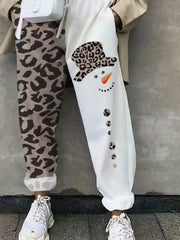 Colorblock Leopard & Snowman Print Fitness Pants