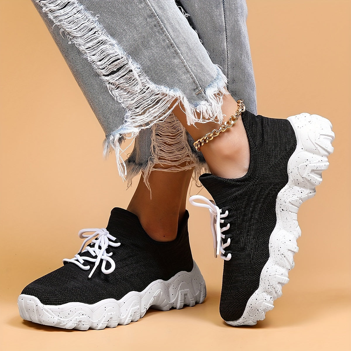 Thick Sole Running Shoes Mesh Breathable Lace Up Outdoor Sneakers