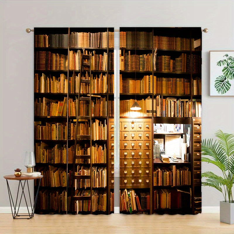 2pcs Bookshelf Print Curtains for Study Room Rod Pocket Window Drapes