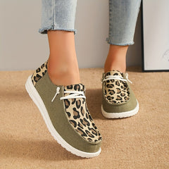 Leopard Printed Canvas Lace Up Loafers Low Top Sneakers