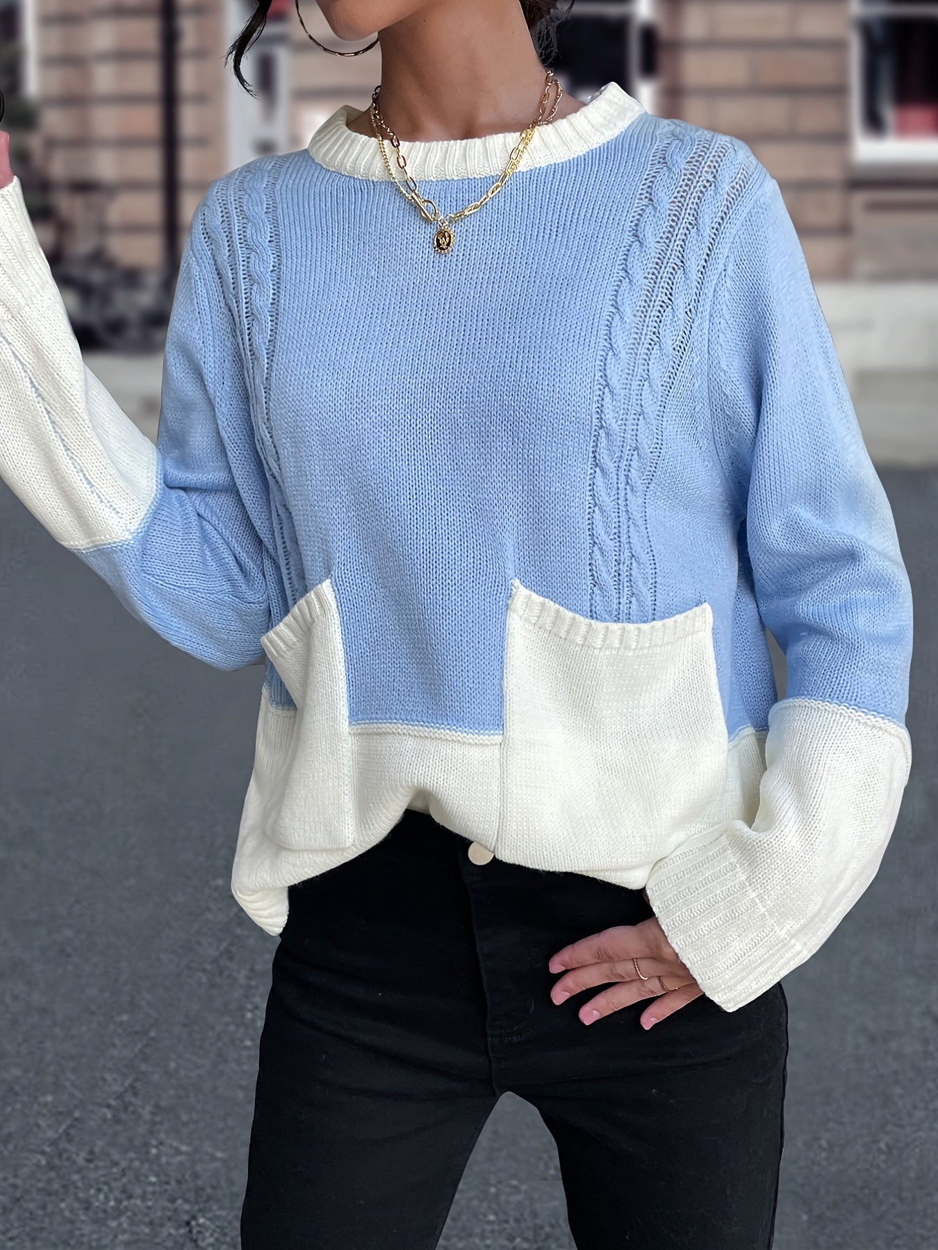 Colorblock Crew Neck Pocket Sweater Loose Long Sleeve Knit Fall Winter
