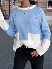 Colorblock Crew Neck Pocket Sweater Loose Long Sleeve Knit Fall Winter