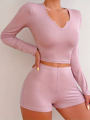 Women's Pajama Set Long Sleeve V Neck Top & Shorts