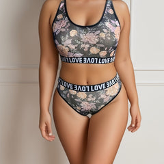 Floral Print Letter Tape Bra & Panty Set
