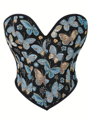 Butterfly Pattern Strapless Corset Tummy Control Lace Up Slimmer Body Shaper