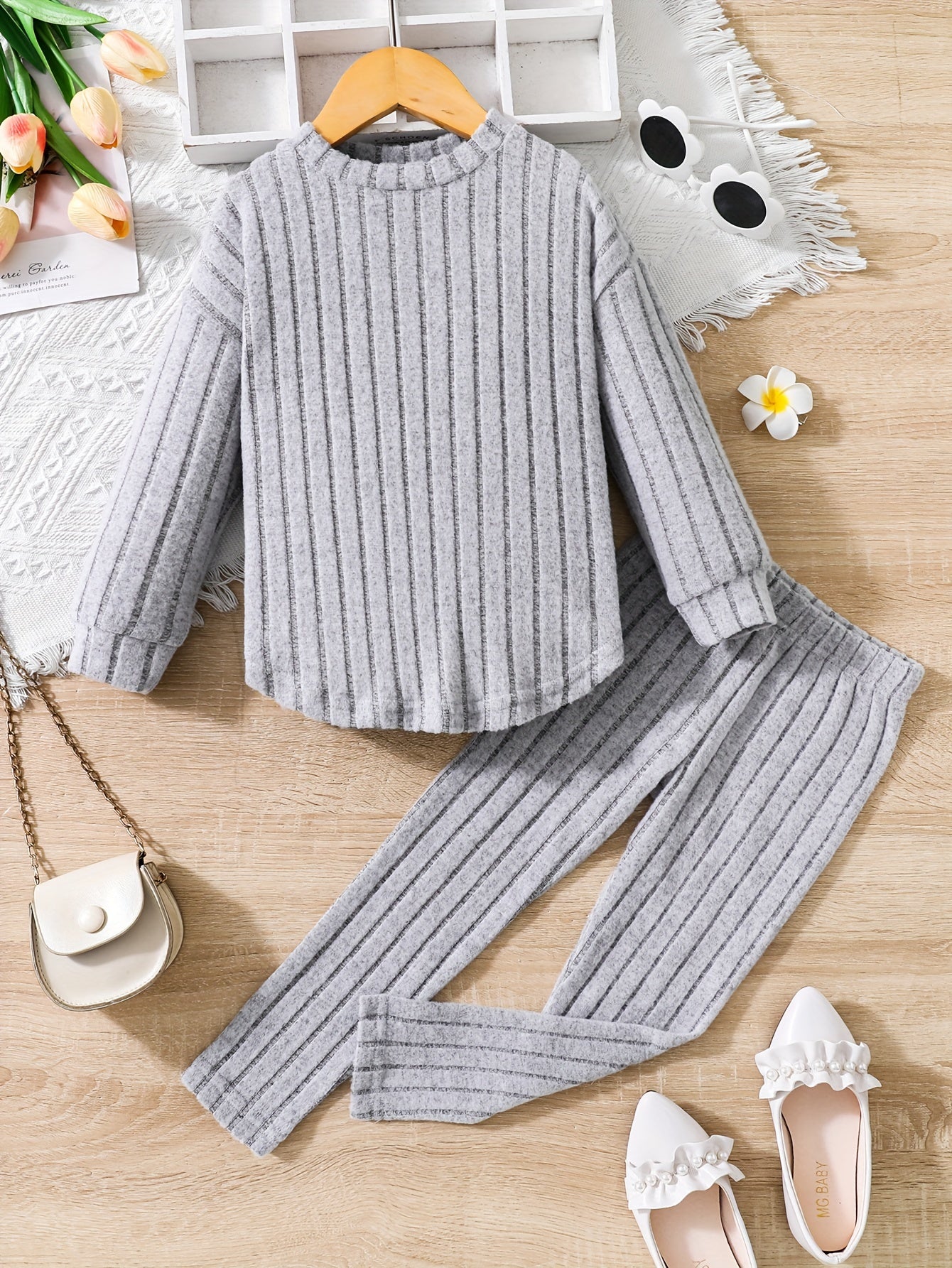Girl's Ribbed Top & Leggings Set Soft Casual Outfits