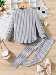 Girl's Ribbed Top & Leggings Set Soft Casual Outfits