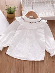 Girls Long Sleeve Shirt Big Lapel Ruffle Embroidered Shirt
