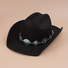 Turquoise Chain Decor Fedora Cap Solid Boho Jazz Hat Unisex Cowgirl Felt Hat
