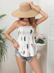Feather Print Bandeau Cover Up Shirred Beachwear Tube Top