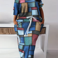 Denim Print One Shoulder Top & Skirt Set