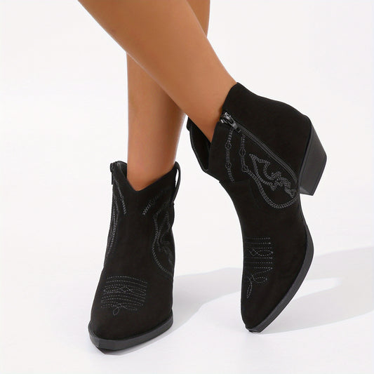 Women's Retro Western Ankle Boots Pointed Toe Solid Embroidered Chunky Heels