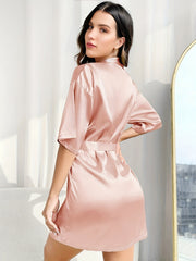 Women's V Neck Short Sleeve Night Robe with Belt