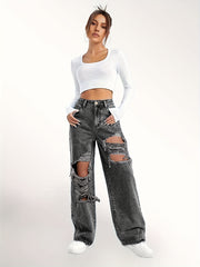 Distressed High Rise Wide Leg Jeans Loose Fit