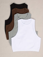 4pcs Solid Sleeveless Tank Top Ribbed Crew Neck Casual Sports Women's Tops