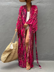 Tie Dye Striped Long Sleeve Kimono with Belt