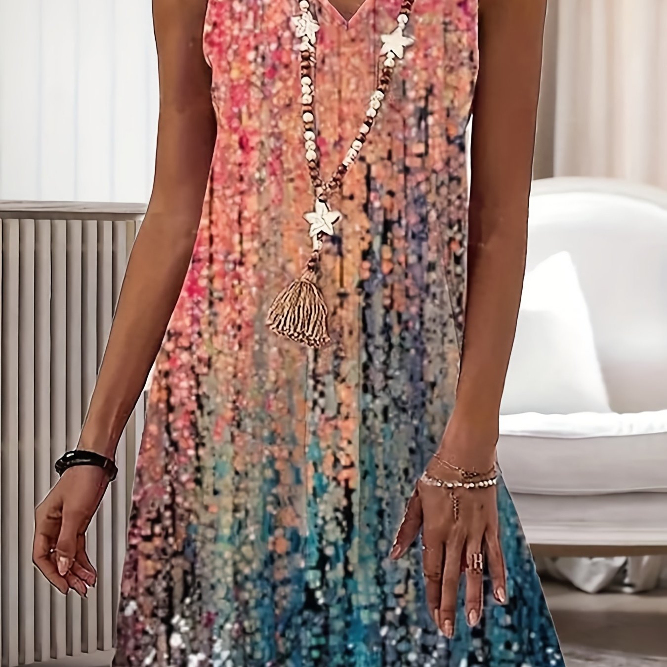 Gradient V Neck Tank Dress Casual Sleeveless Summer Midi Dress