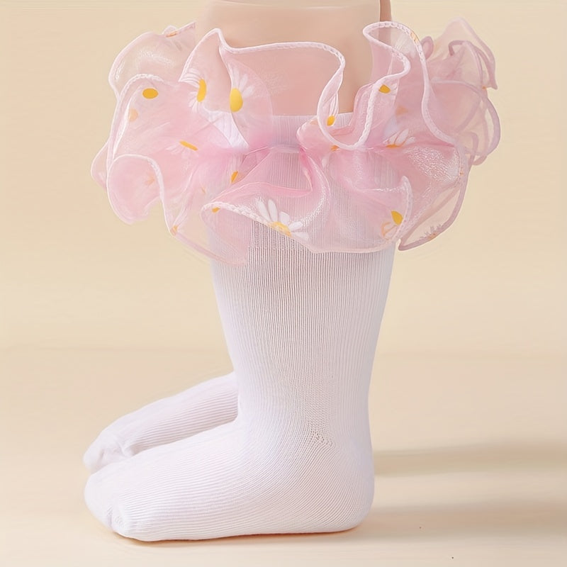 3 Pairs Girls Kids Lace Ruffled Floral Print Sweet Socks Breathable Comfy Socks