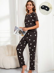 Heart Print Pajama Set Short Sleeve Crew Neck Top & Elastic Waistband Pants