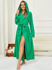 Plaid Hooded Night Robe Long Sleeve V Neck House Robe With Belt