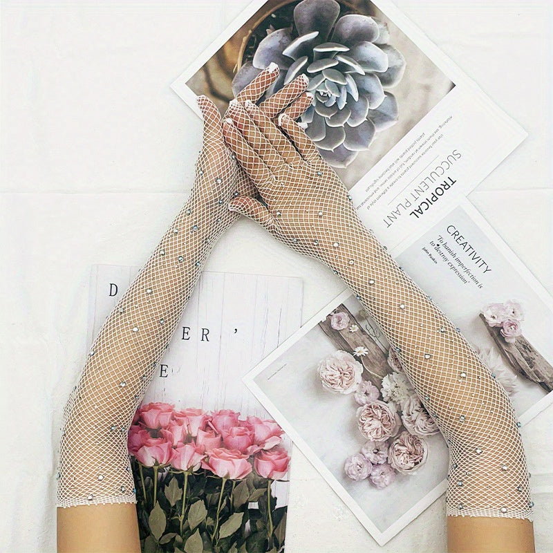 Rhinestone Diamond Mesh Gloves Bungee Stretch Long Full Finger Gloves