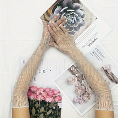 Rhinestone Diamond Mesh Gloves Bungee Stretch Long Full Finger Gloves