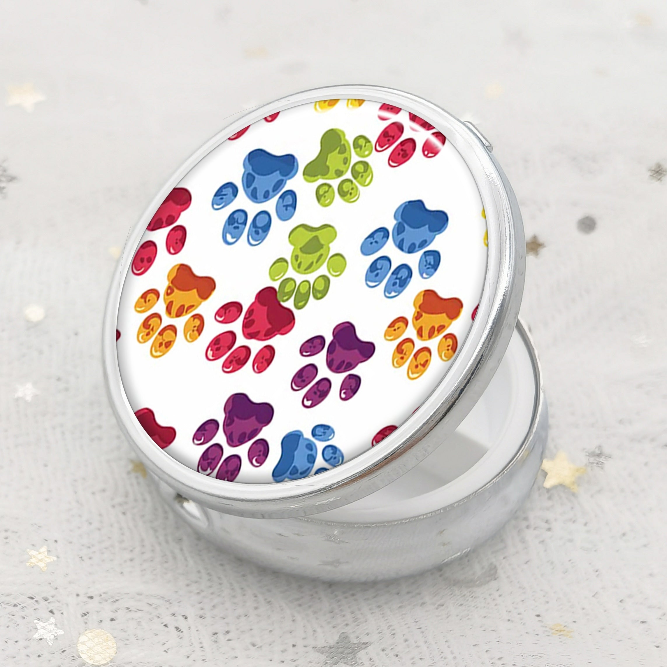 Colorful Dog Paw Print Round Pill Box Medicine Vitamin Organizer