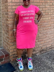 Plus Size Letter Print Short Sleeve Tee Dress Women's Plus Medium Stretch